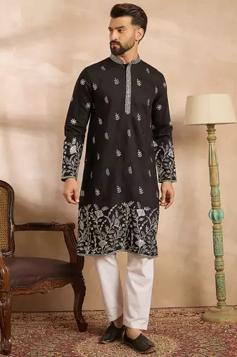 Men black silk blend solid embroidered straight kurta sets