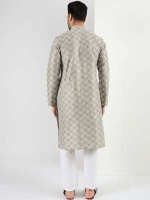 Men green viscose rayon solid embroidered chikankari straight kurta 4
