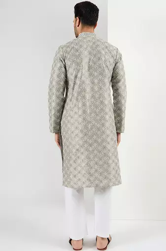 Men green viscose rayon solid embroidered chikankari straight kurta
