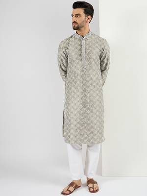 Men green viscose rayon solid embroidered chikankari straight kurta 5