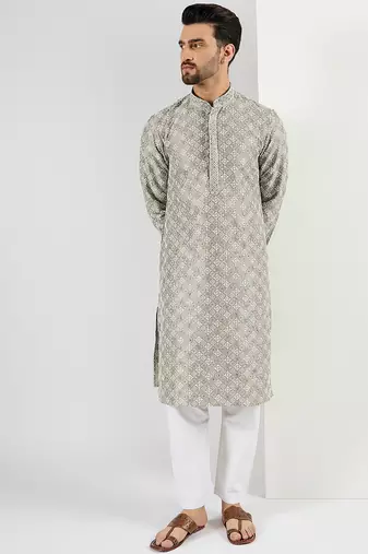 Men green viscose rayon solid embroidered chikankari straight kurta