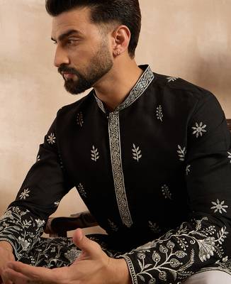 Men black silk blend solid embroidered straight kurta sets 2