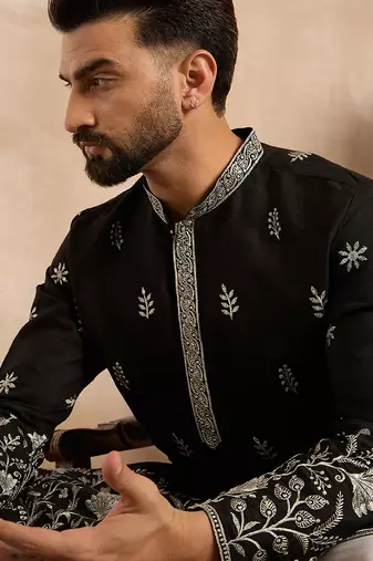 Men black silk blend solid embroidered straight kurta sets