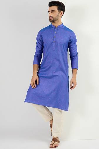 Men blue cotton solid woven design straight kurta