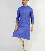 Men blue cotton solid woven design straight kurta