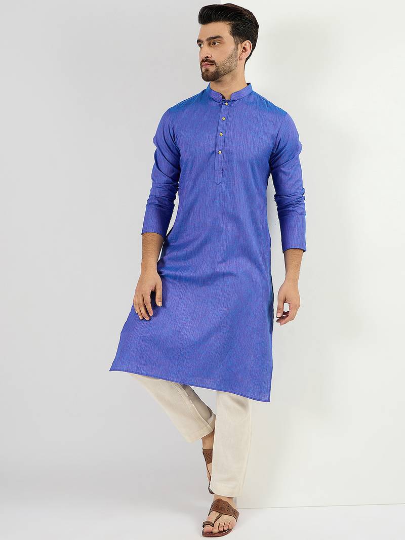 Men blue cotton solid woven design straight kurta