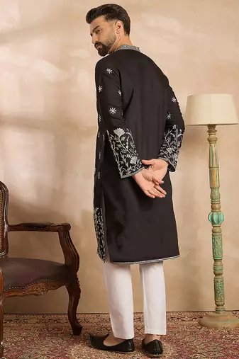 Men black silk blend solid embroidered straight kurta sets