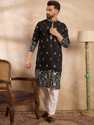 Men black silk blend solid embroidered straight kurta sets 5