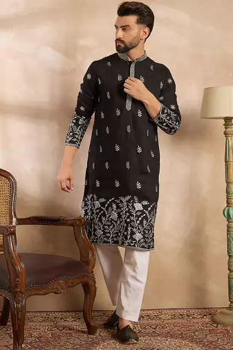Men black silk blend solid embroidered straight kurta sets