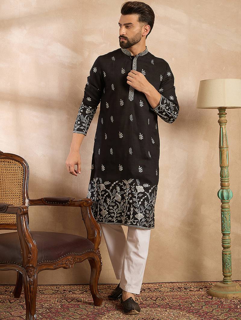 Men black silk blend solid embroidered straight kurta sets