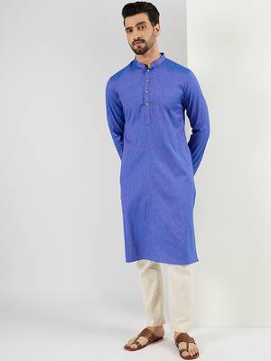 Men blue cotton solid woven design straight kurta 3