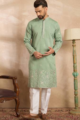 Men green silk blend solid embroidered straight kurta sets