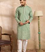 Men green silk blend solid embroidered straight kurta sets