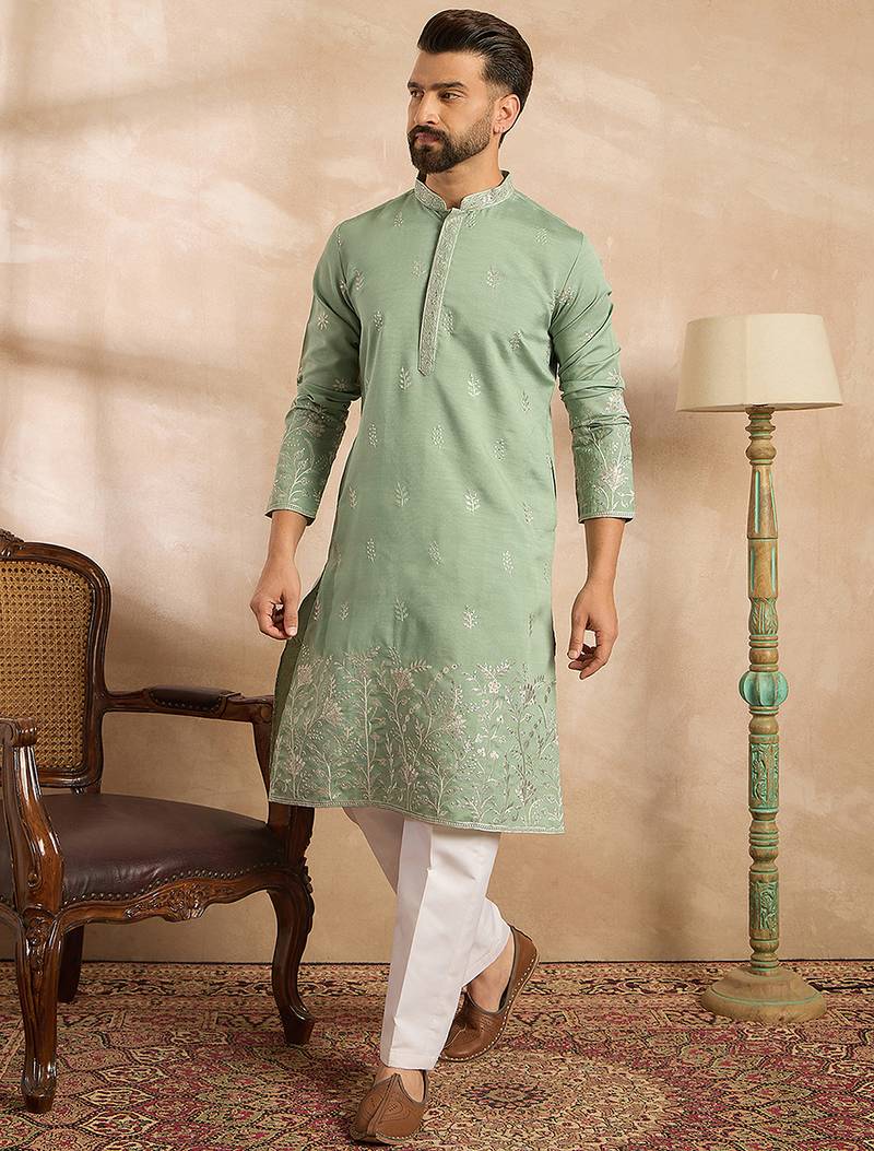 Men green silk blend solid embroidered straight kurta sets