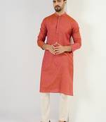 Men orange cotton solid woven design straight kurta