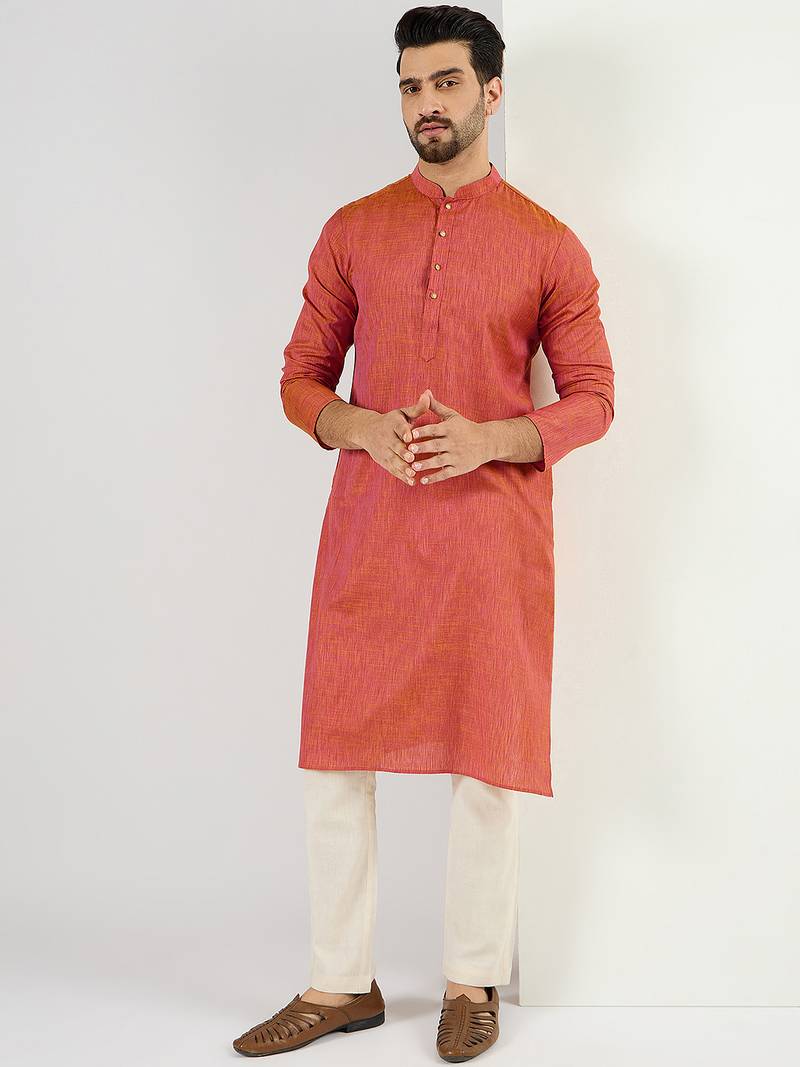 Men orange cotton solid woven design straight kurta