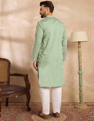 Men green silk blend solid embroidered straight kurta sets 4