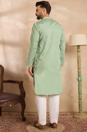 Men green silk blend solid embroidered straight kurta sets