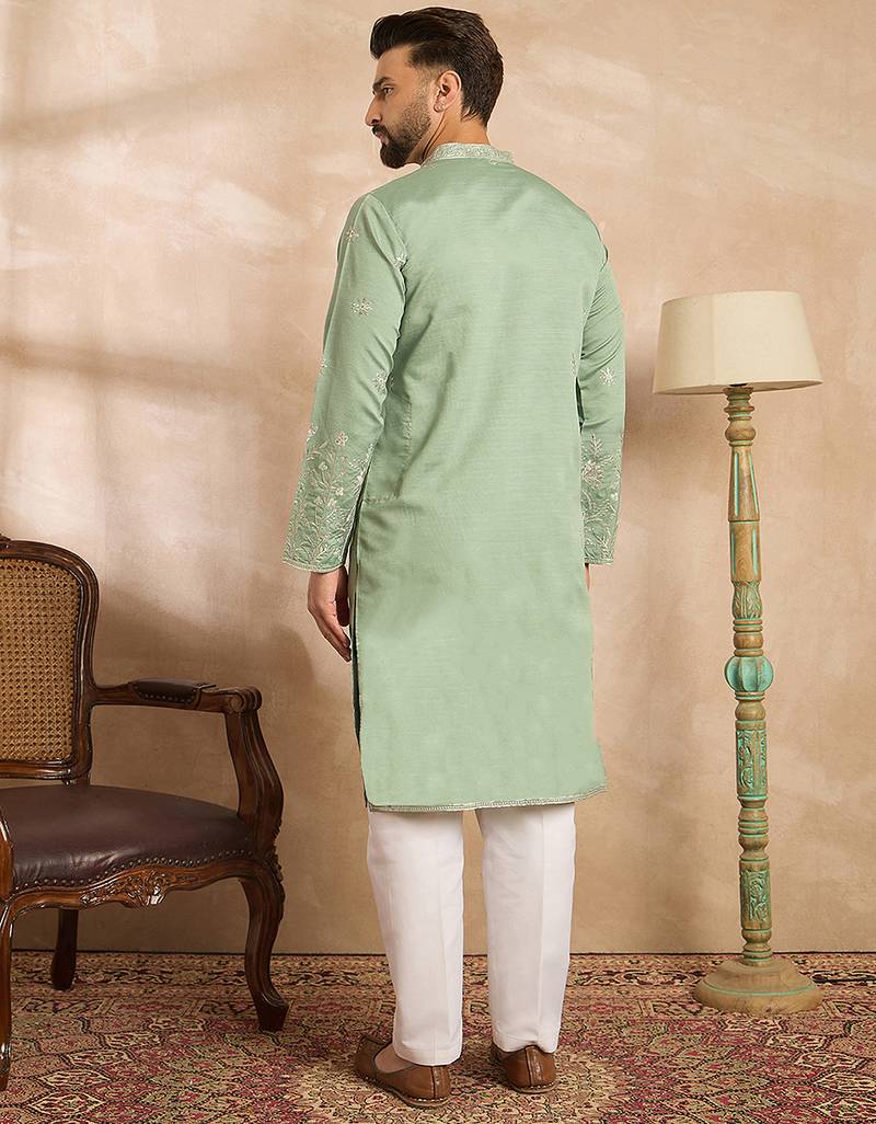 Men green silk blend solid embroidered straight kurta sets