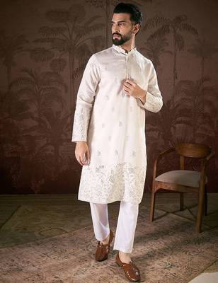 Men white silk blend floral embroidered straight kurta with trouser 1