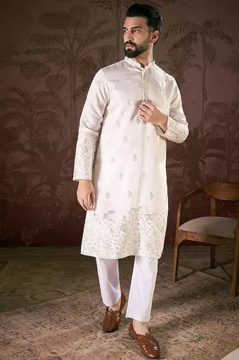 Men white silk blend floral embroidered straight kurta with trouser