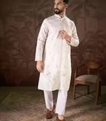 Men white silk blend floral embroidered straight kurta with trouser