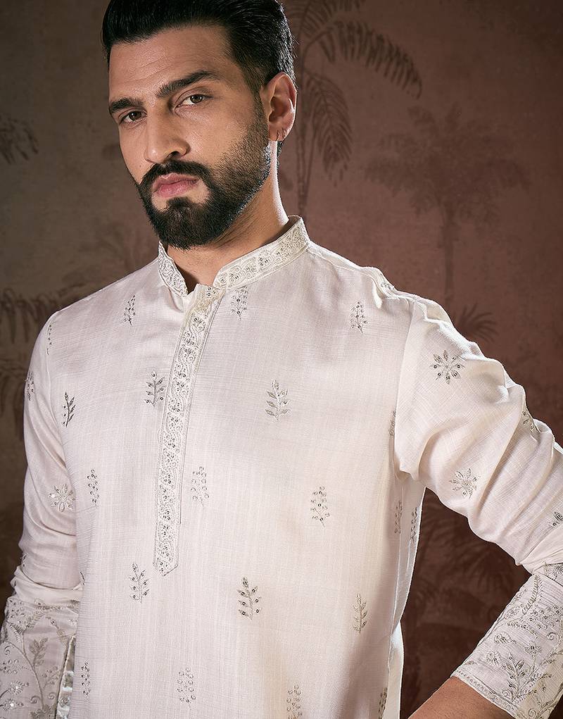 Men white silk blend floral embroidered straight kurta with trouser