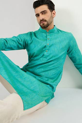 Men teal cotton solid woven design straight kurta