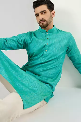 Men teal cotton solid woven design straight kurta