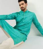 Men teal cotton solid woven design straight kurta