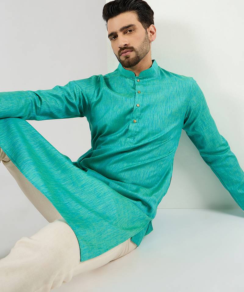 Men teal cotton solid woven design straight kurta