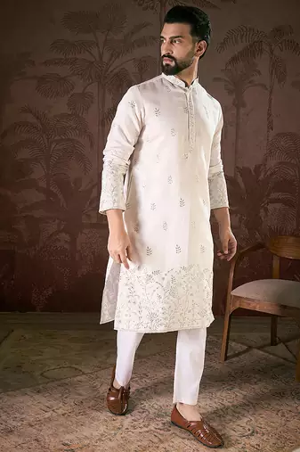 Men white silk blend floral embroidered straight kurta with trouser