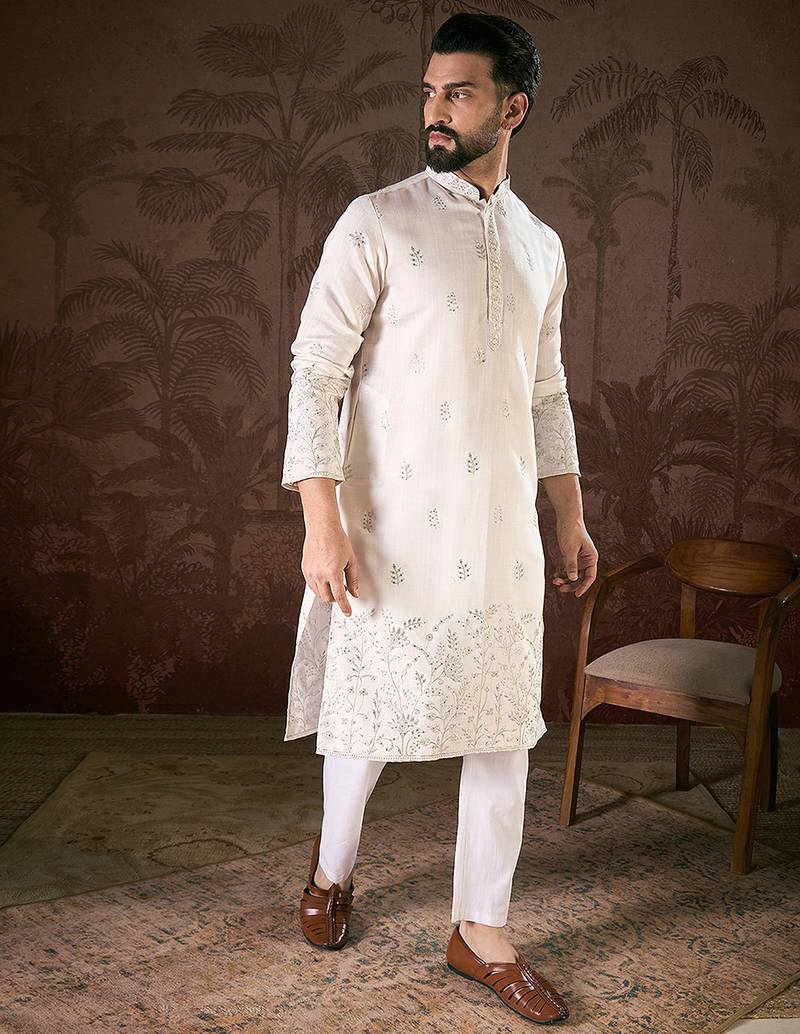 Men white silk blend floral embroidered straight kurta with trouser