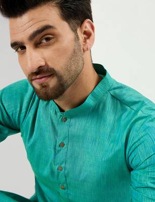 Men teal cotton solid woven design straight kurta 2