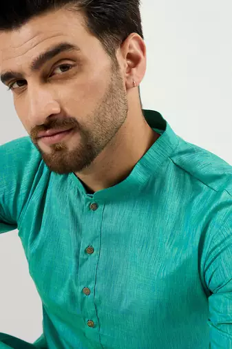 Men teal cotton solid woven design straight kurta