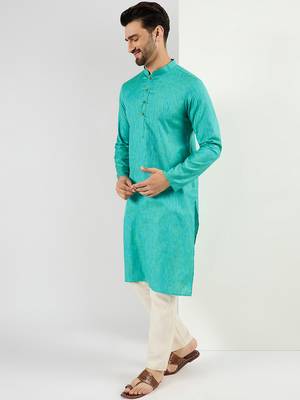 Men teal cotton solid woven design straight kurta 3