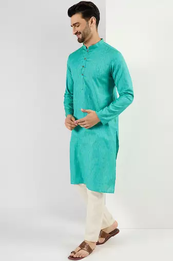 Men teal cotton solid woven design straight kurta