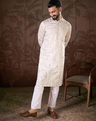 Men white silk blend floral embroidered straight kurta with trouser 5