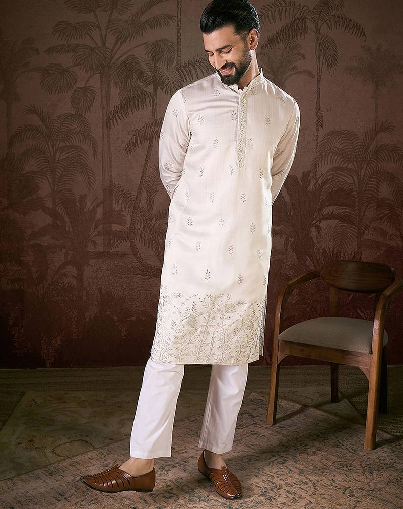 Men white silk blend floral embroidered straight kurta with trouser