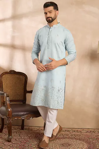Men blue silk blend solid embroidered straight kurta sets
