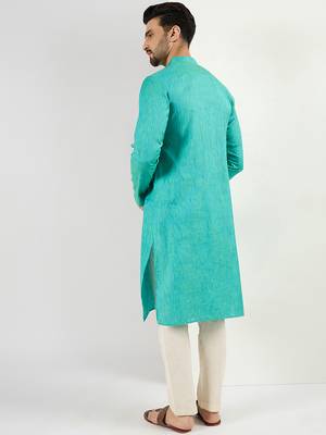 Men teal cotton solid woven design straight kurta 4