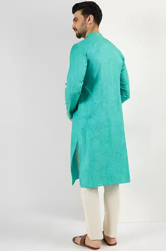 Men teal cotton solid woven design straight kurta