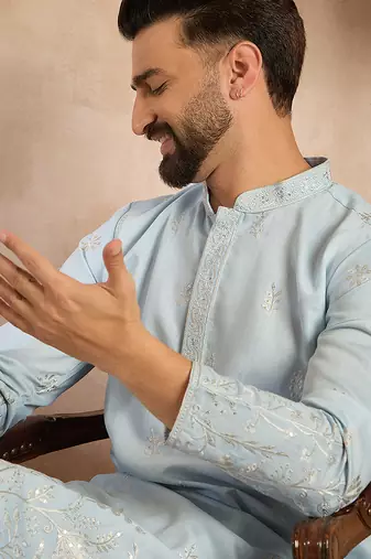 Men blue silk blend solid embroidered straight kurta sets
