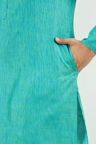 Men teal cotton solid woven design straight kurta
