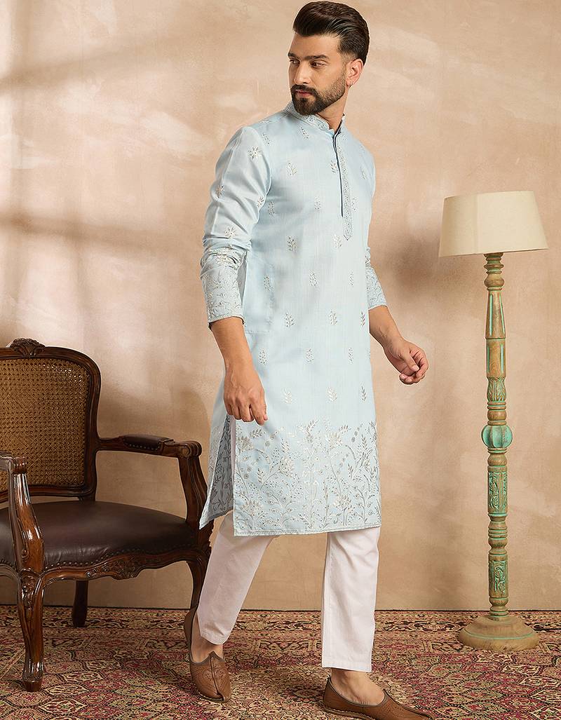 Men blue silk blend solid embroidered straight kurta sets