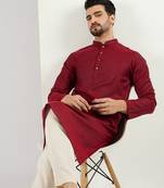 Men maroon cotton solid woven design straight kurta