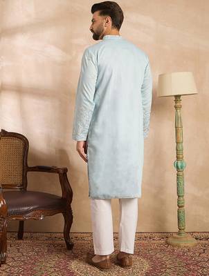 Men blue silk blend solid embroidered straight kurta sets 4
