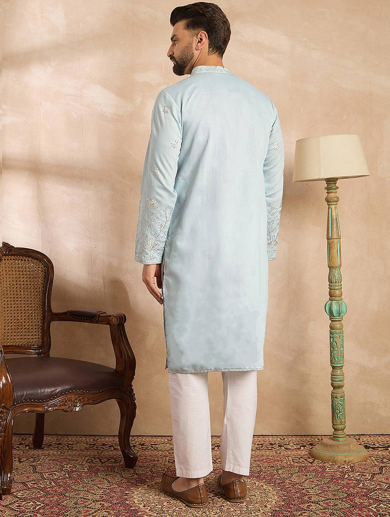 Men blue silk blend solid embroidered straight kurta sets