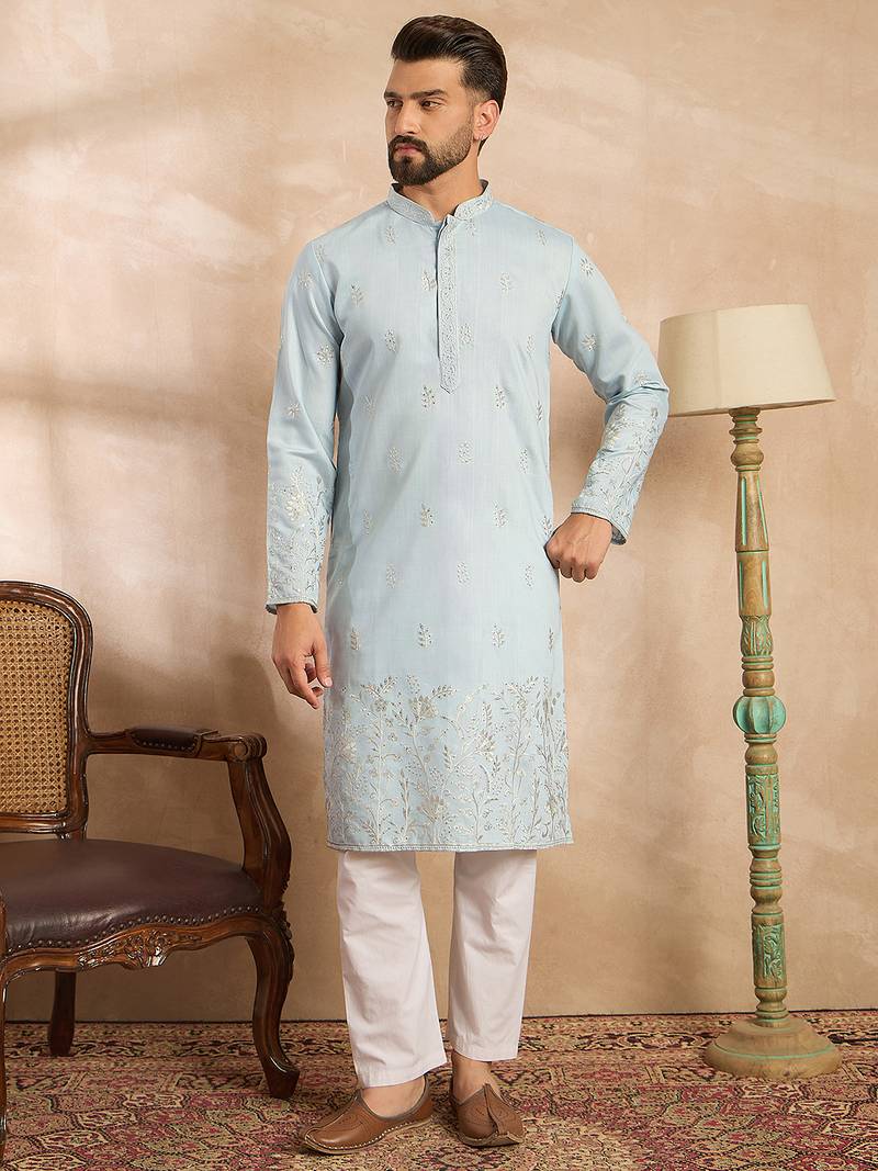 Men blue silk blend solid embroidered straight kurta sets
