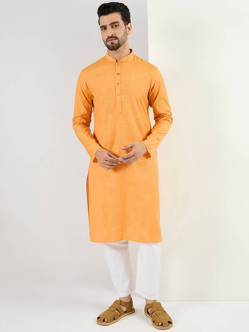 Men yellow cotton solid woven design straight kurta